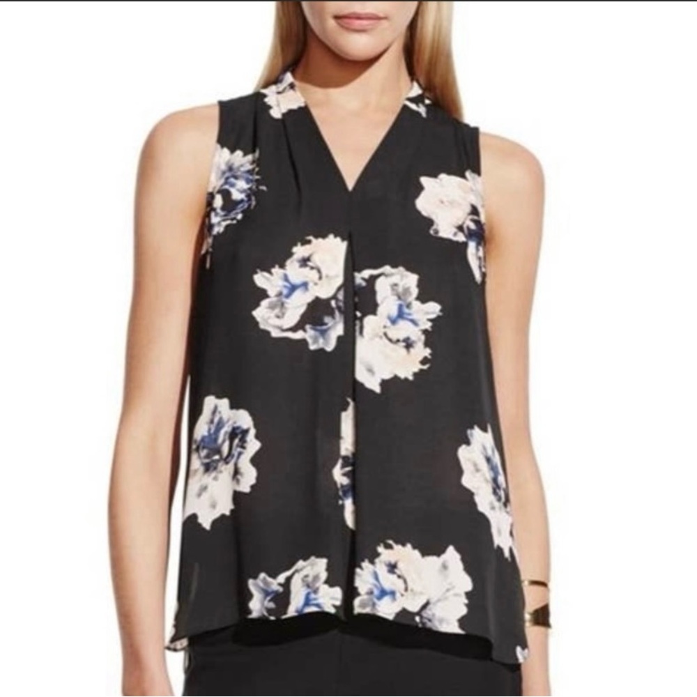 Vince Camuto Black White Duet Floral Sleeveless Top V-neck Blouse Size Small